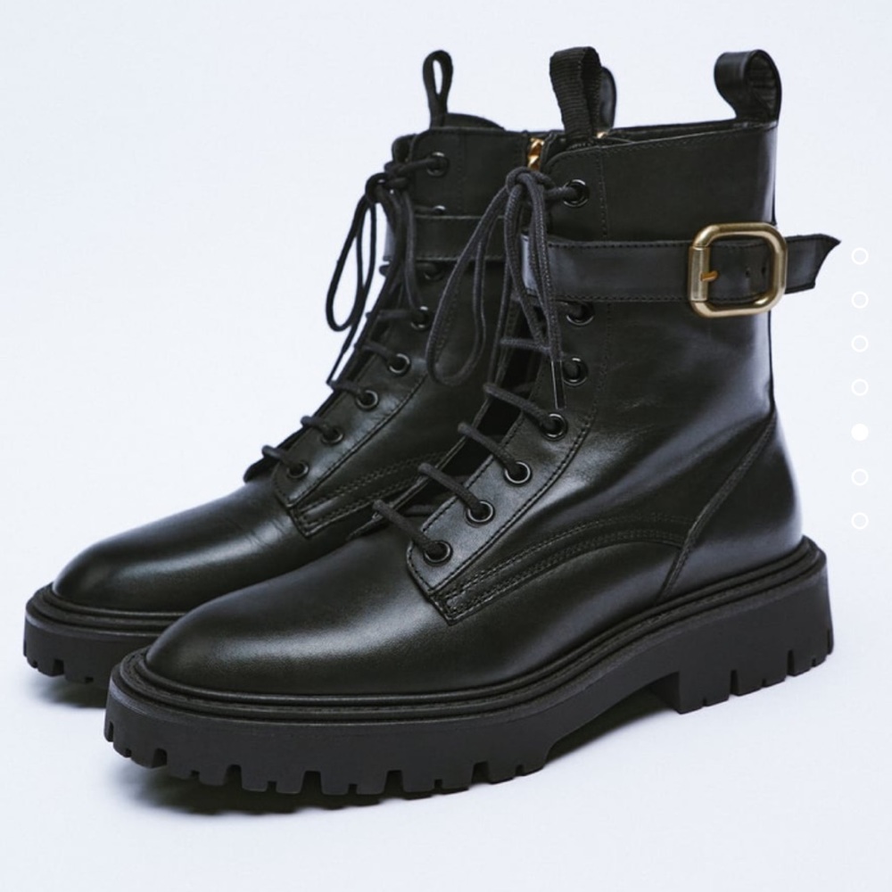 ZARA Laced Real Leather Ankle Boots With Buckle